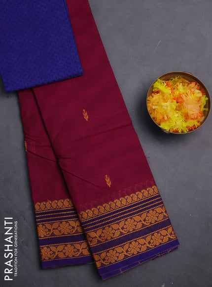 Chettinad cotton saree magenta pink and blue with thread woven buttas and thread woven border
