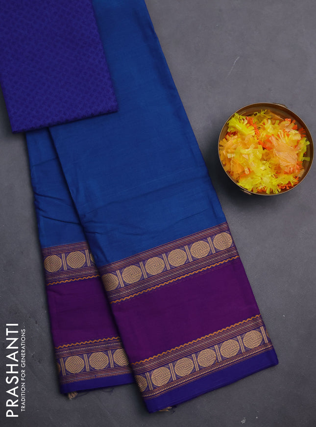 Chettinad cotton saree cs blue and blue with plain body and rettapet thread woven border