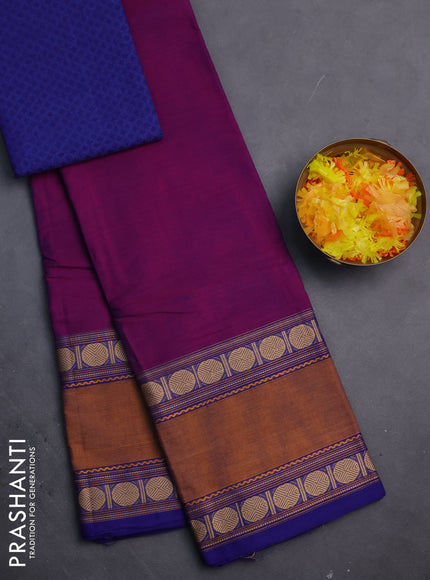 Chettinad cotton saree purple and blue with plain body and rettapet thread woven border
