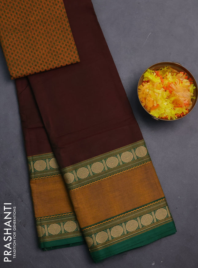 Chettinad cotton saree manthulir green and mustard yellow with plain body and rettapet thread woven border