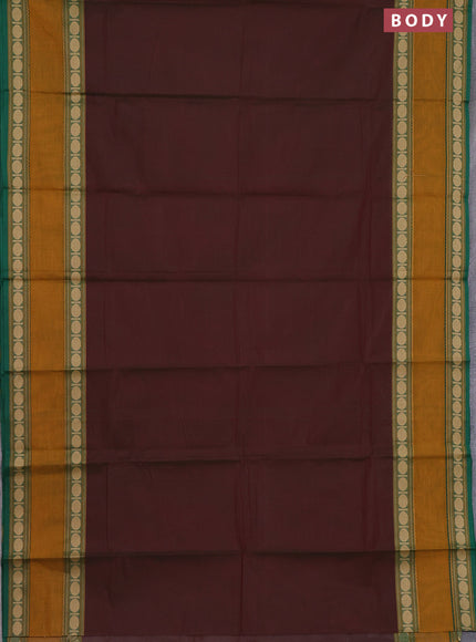 Chettinad cotton saree manthulir green and mustard yellow with plain body and rettapet thread woven border
