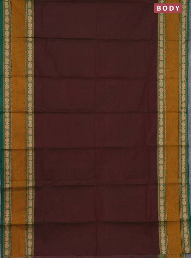 Chettinad cotton saree manthulir green and mustard yellow with plain body and rettapet thread woven border