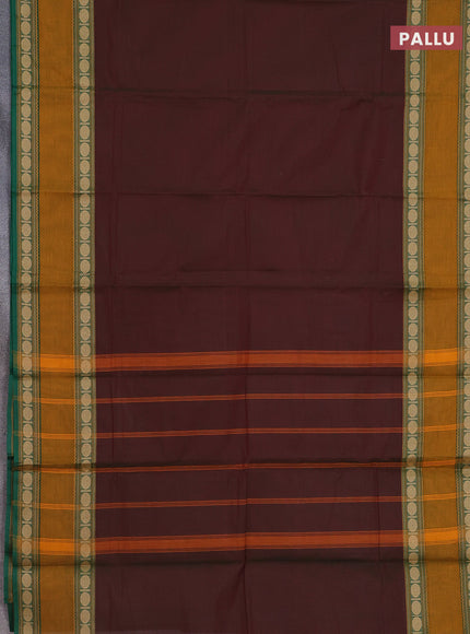 Chettinad cotton saree manthulir green and mustard yellow with plain body and rettapet thread woven border