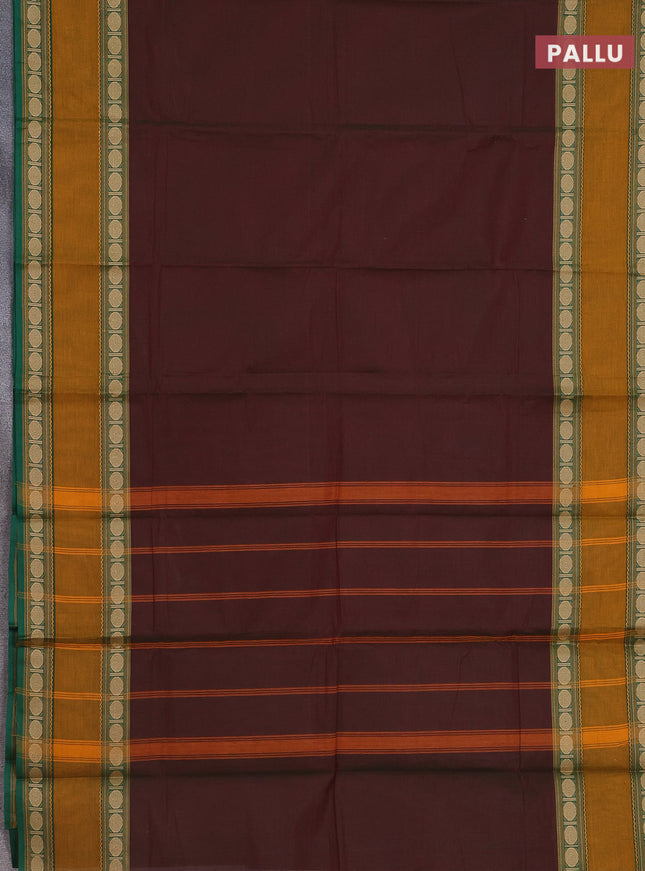 Chettinad cotton saree manthulir green and mustard yellow with plain body and rettapet thread woven border