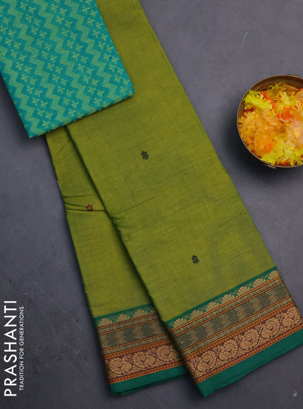 Chettinad cotton saree light green and green with thread woven buttas and thread woven border