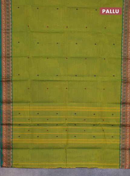 Chettinad cotton saree light green and green with thread woven buttas and thread woven border