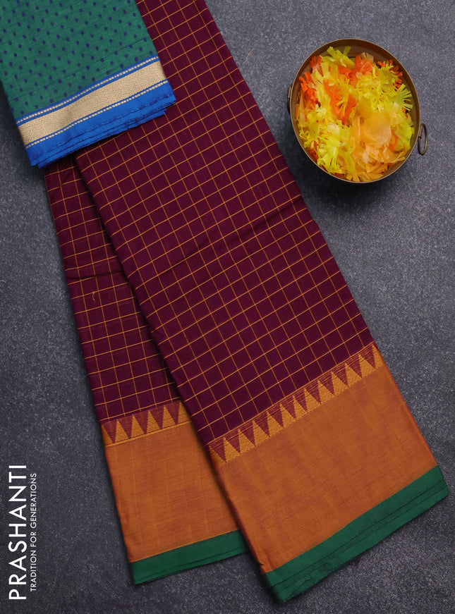 Chettinad cotton saree deep purple and mustard yellow with allover checked pattern and simple border