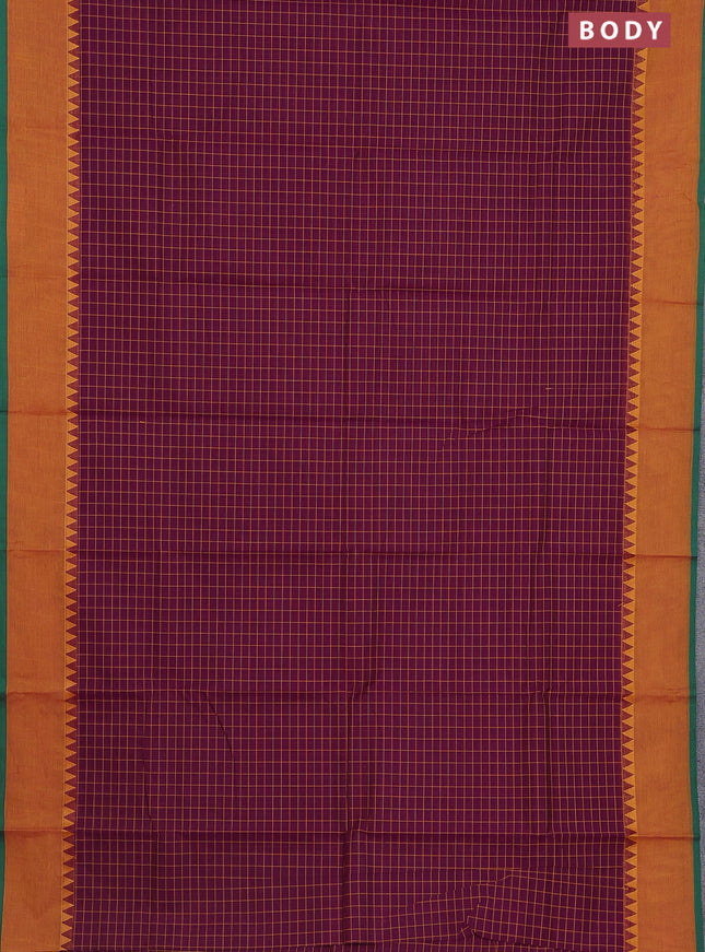 Chettinad cotton saree deep purple and mustard yellow with allover checked pattern and simple border
