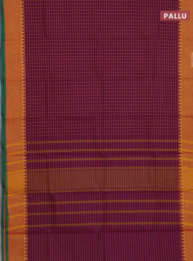 Chettinad cotton saree deep purple and mustard yellow with allover checked pattern and simple border