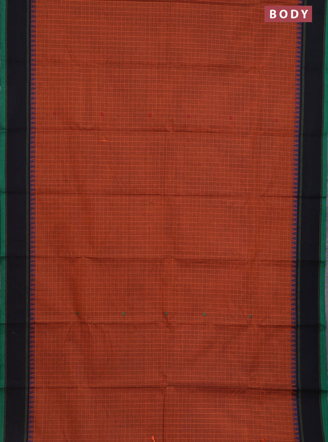 Chettinad cotton saree rust shade and green with allover checked pattern & thread buttas and simple border