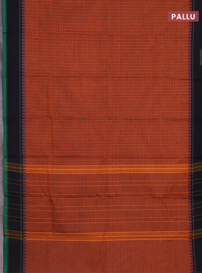 Chettinad cotton saree rust shade and green with allover checked pattern & thread buttas and simple border