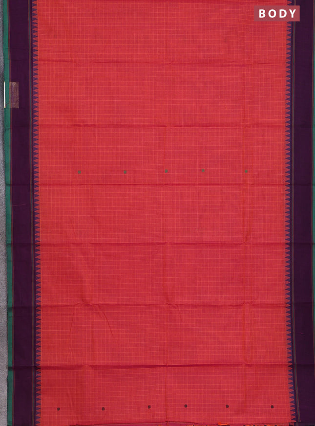 Chettinad cotton saree peach pink and deep purple with allover checked pattern & thread buttas and simple border