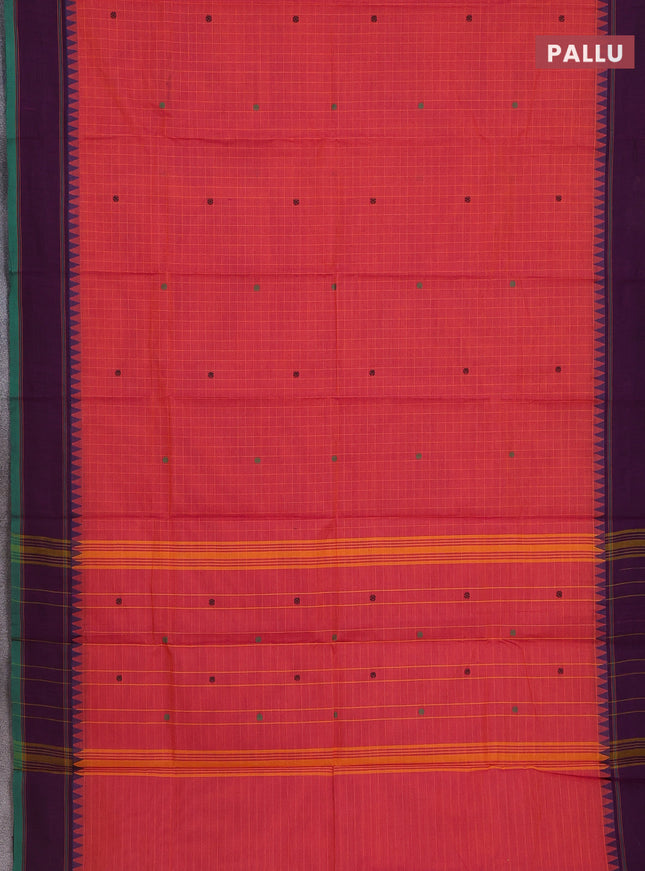 Chettinad cotton saree peach pink and deep purple with allover checked pattern & thread buttas and simple border