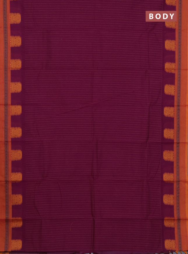 Chettinad cotton saree purple and mustard shade with stripes pattern and thread woven butta border