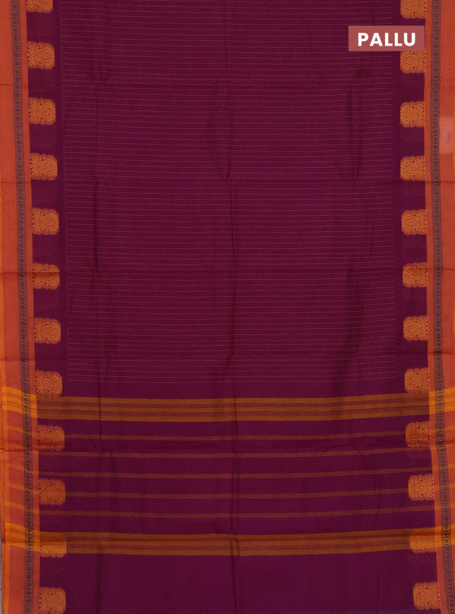 Chettinad cotton saree purple and mustard shade with stripes pattern and thread woven butta border