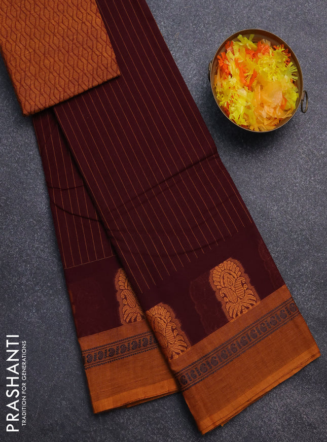 Chettinad cotton saree deep maroon and mustard shade with stripes pattern and thread woven butta border