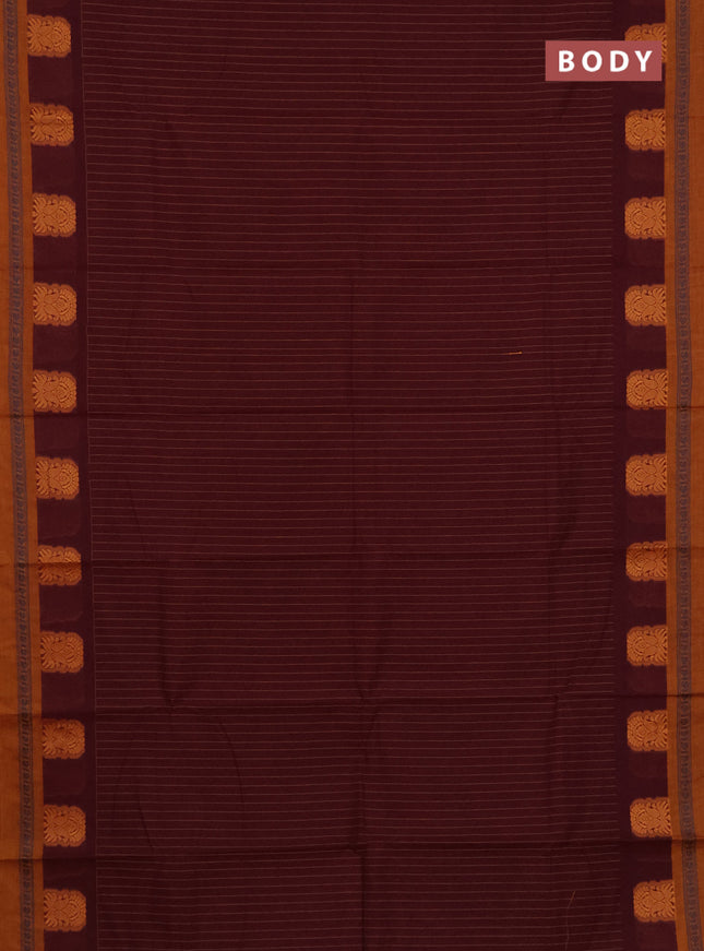 Chettinad cotton saree deep maroon and mustard shade with stripes pattern and thread woven butta border