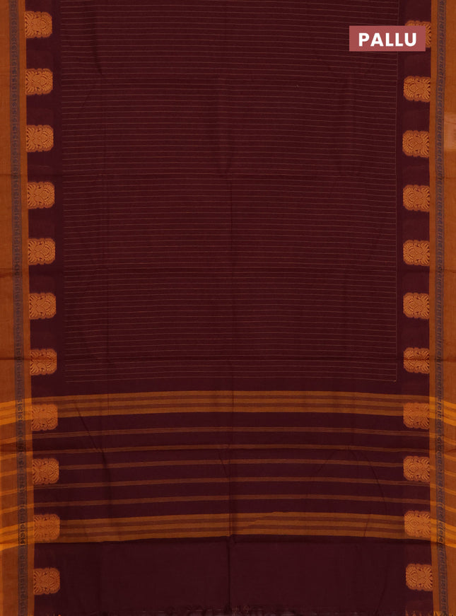 Chettinad cotton saree deep maroon and mustard shade with stripes pattern and thread woven butta border