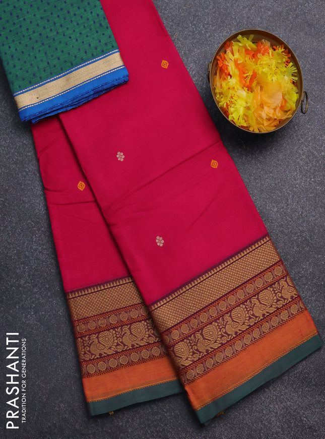 Chettinad cotton saree pink and green with thread woven buttas and thread woven border