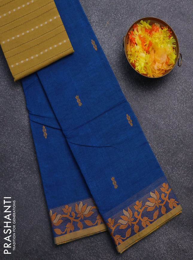 Chettinad cotton saree cs blue and yellow with plain body and thread woven border
