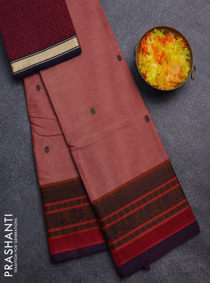 Chettinad cotton saree pastel maroon and brown with thread woven buttas and thread woven border