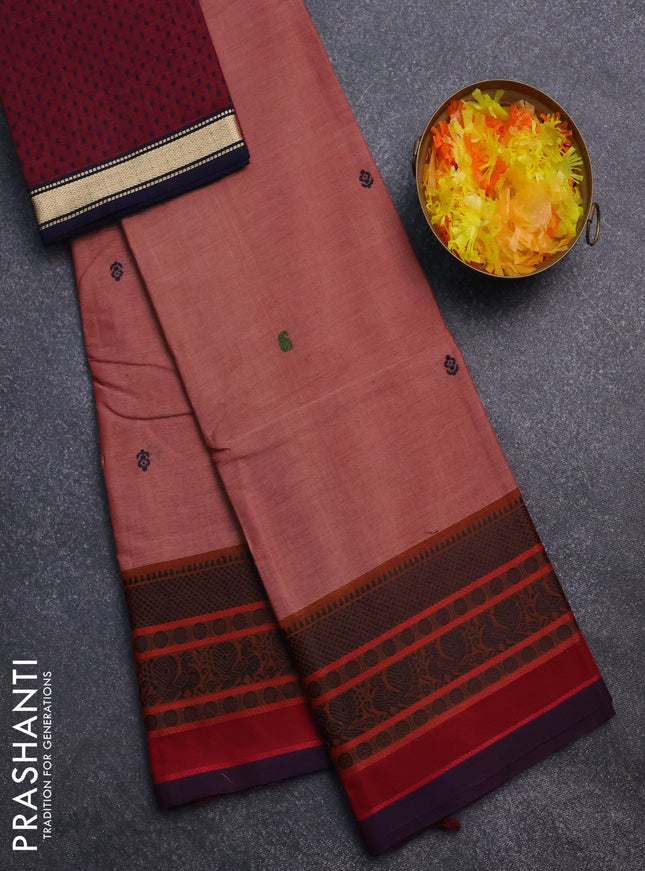 Chettinad cotton saree pastel maroon and brown with thread woven buttas and thread woven border