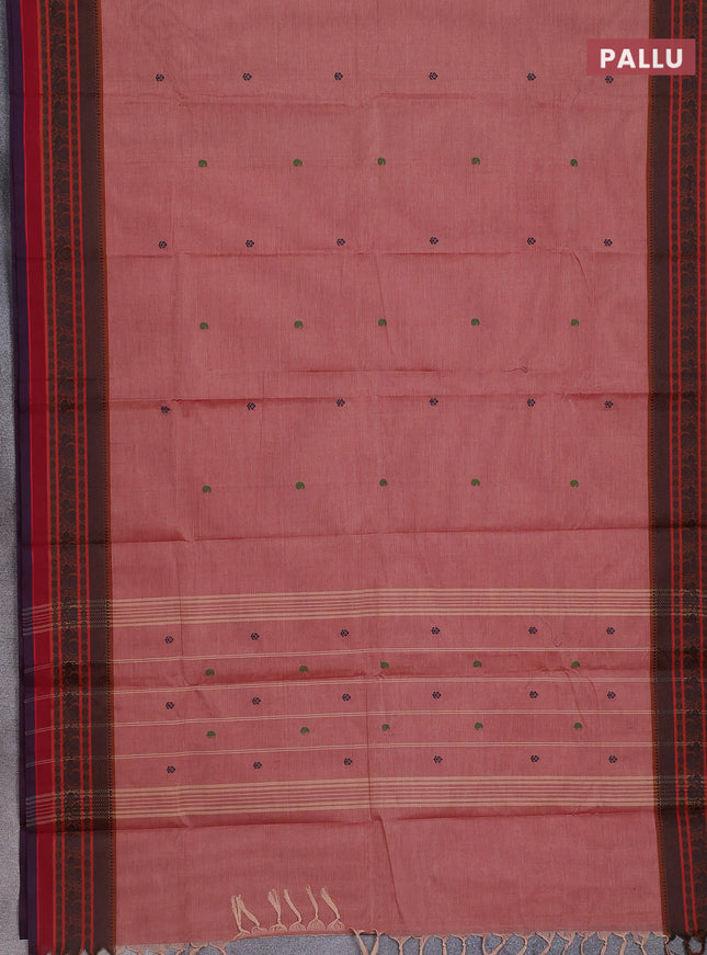 Chettinad cotton saree pastel maroon and brown with thread woven buttas and thread woven border