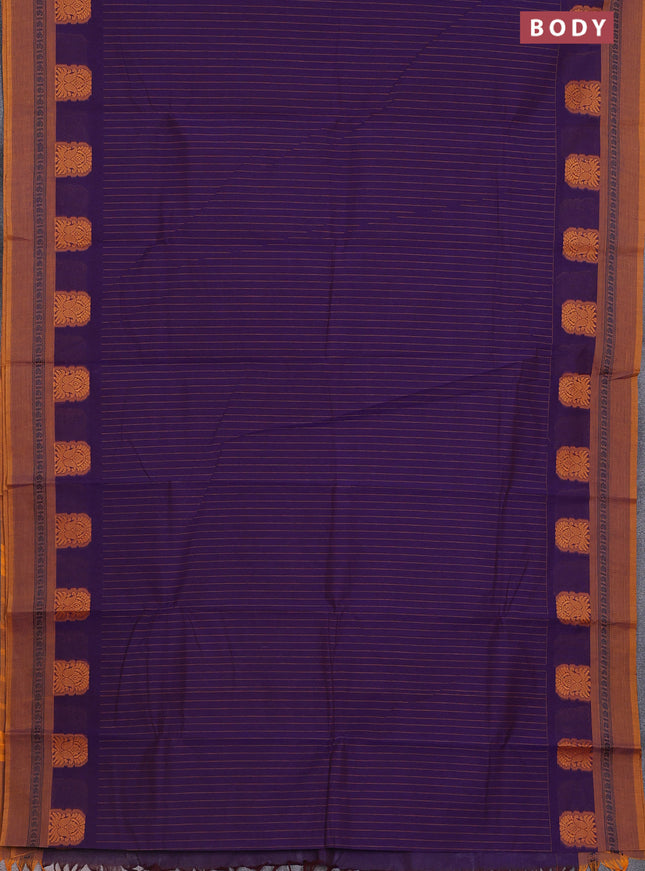 Chettinad cotton saree violet and mustard yellow with allover thread stripes pattern and thread woven simple border