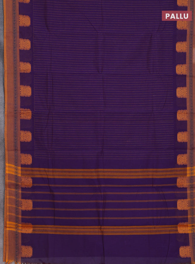 Chettinad cotton saree violet and mustard yellow with allover thread stripes pattern and thread woven simple border