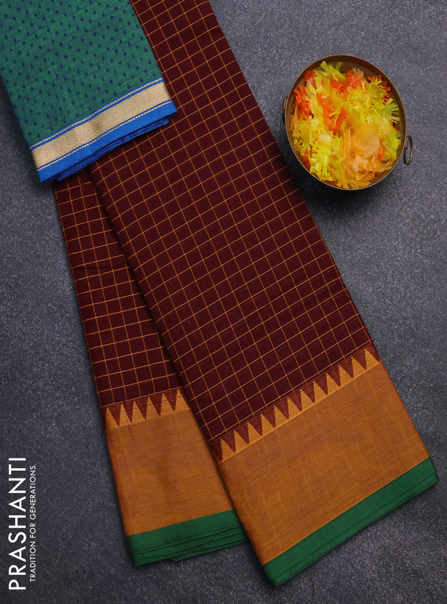 Chettinad cotton saree maroon shade and mustard yellow with allover checked pattern and temple design border