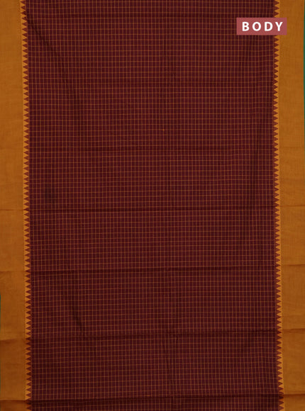 Chettinad cotton saree maroon shade and mustard yellow with allover checked pattern and temple design border