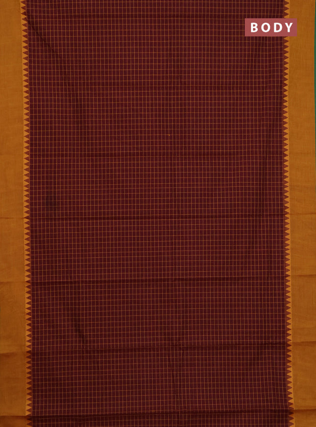 Chettinad cotton saree maroon shade and mustard yellow with allover checked pattern and temple design border