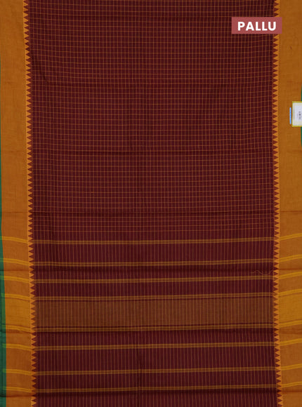 Chettinad cotton saree maroon shade and mustard yellow with allover checked pattern and temple design border