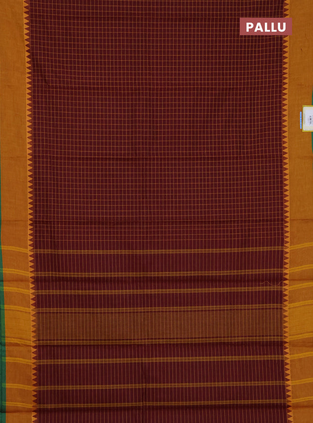 Chettinad cotton saree maroon shade and mustard yellow with allover checked pattern and temple design border