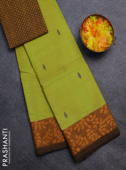 Chettinad cotton saree lime green and brown with plain body and leaf design border