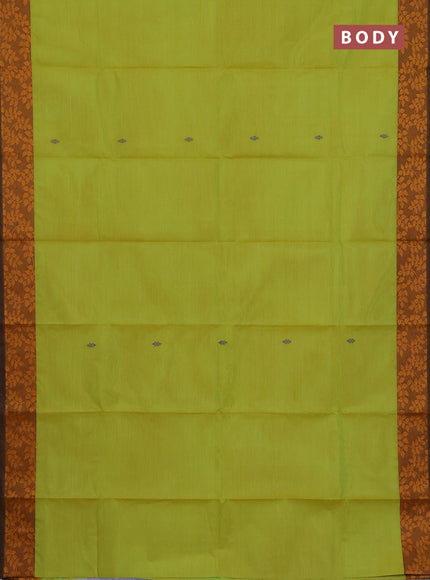 Chettinad cotton saree lime green and brown with plain body and leaf design border