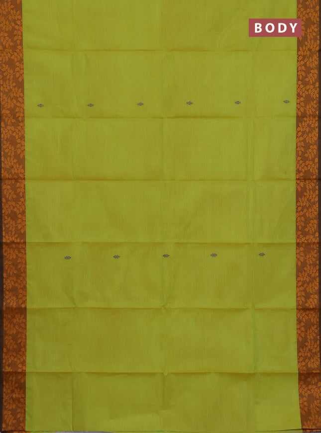 Chettinad cotton saree lime green and brown with plain body and leaf design border