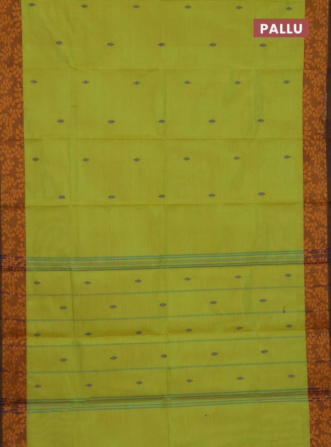 Chettinad cotton saree lime green and brown with plain body and leaf design border