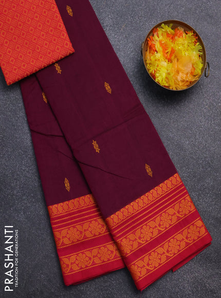Chettinad cotton saree magenta pink and pink with plain body and thread woven border