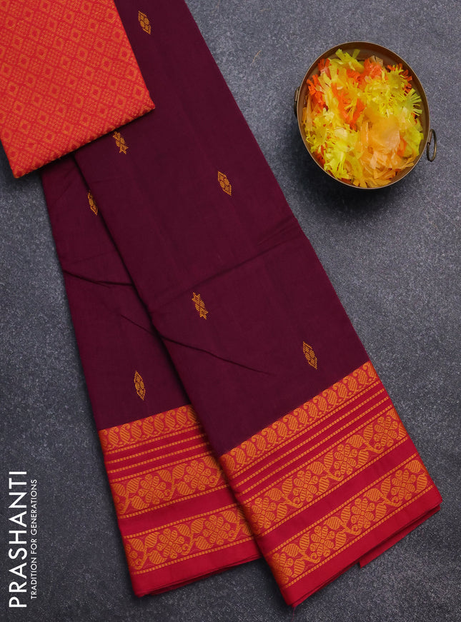 Chettinad cotton saree magenta pink and pink with plain body and thread woven border
