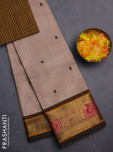 Chettinad cotton saree beige and brown with thread woven buttas and zari woven border