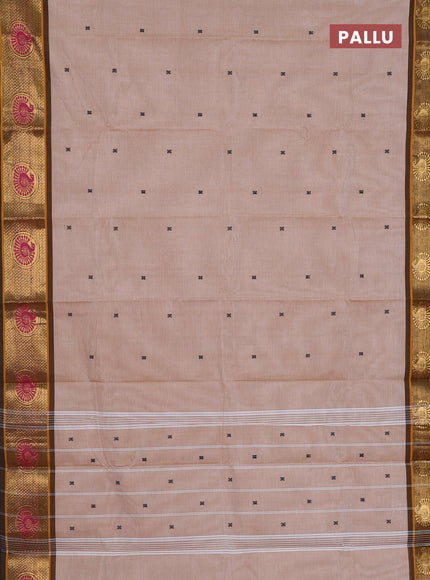 Chettinad cotton saree beige and brown with thread woven buttas and zari woven border