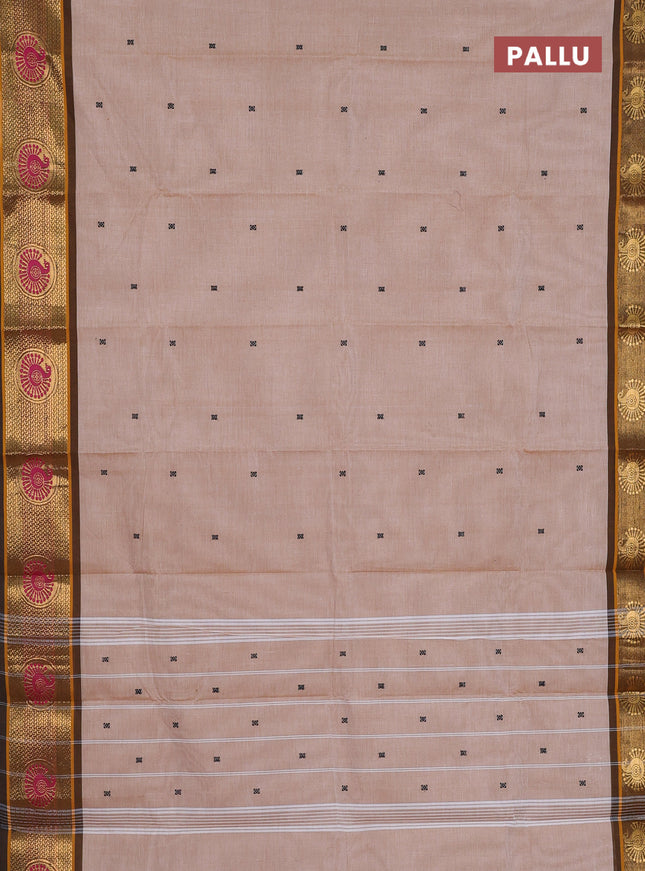 Chettinad cotton saree beige and brown with thread woven buttas and zari woven border