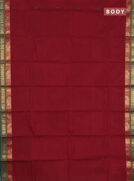 Chettinad cotton saree maroon and green with thread woven buttas and zari woven border