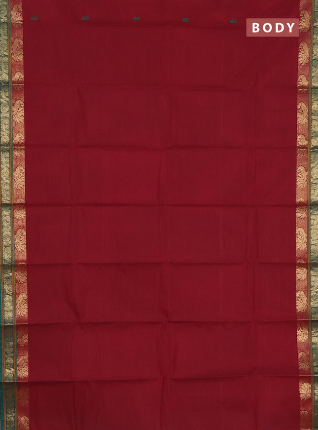Chettinad cotton saree maroon and green with thread woven buttas and zari woven border