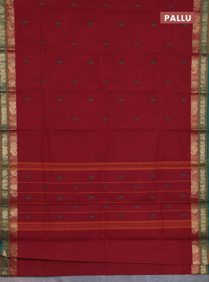 Chettinad cotton saree maroon and green with thread woven buttas and zari woven border