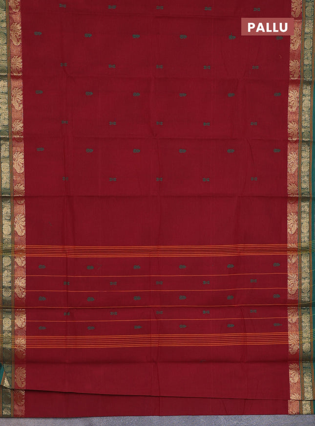 Chettinad cotton saree maroon and green with thread woven buttas and zari woven border