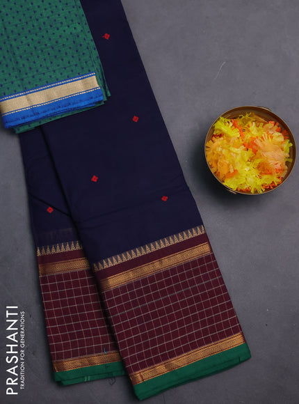 Chettinad cotton saree navy blue and deep maroon with thread woven buttas and zari woven checked border
