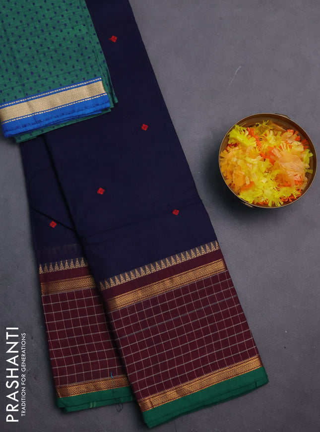 Chettinad cotton saree navy blue and deep maroon with thread woven buttas and zari woven checked border