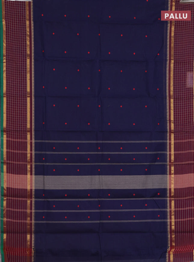 Chettinad cotton saree navy blue and deep maroon with thread woven buttas and zari woven checked border